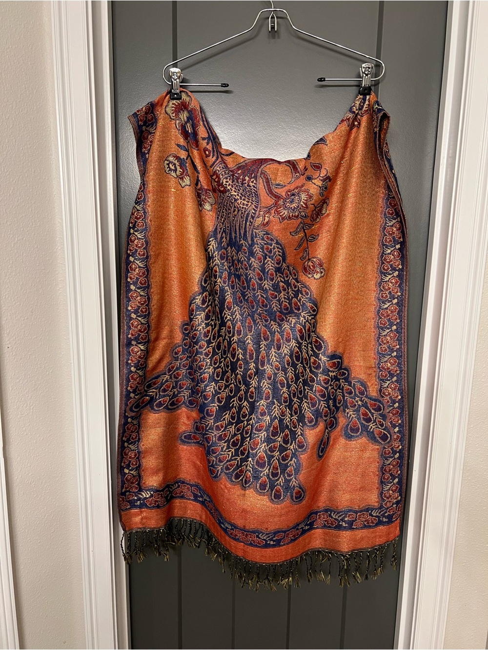 pashmina Orange & Navy Peacock Print Wrap with fringe